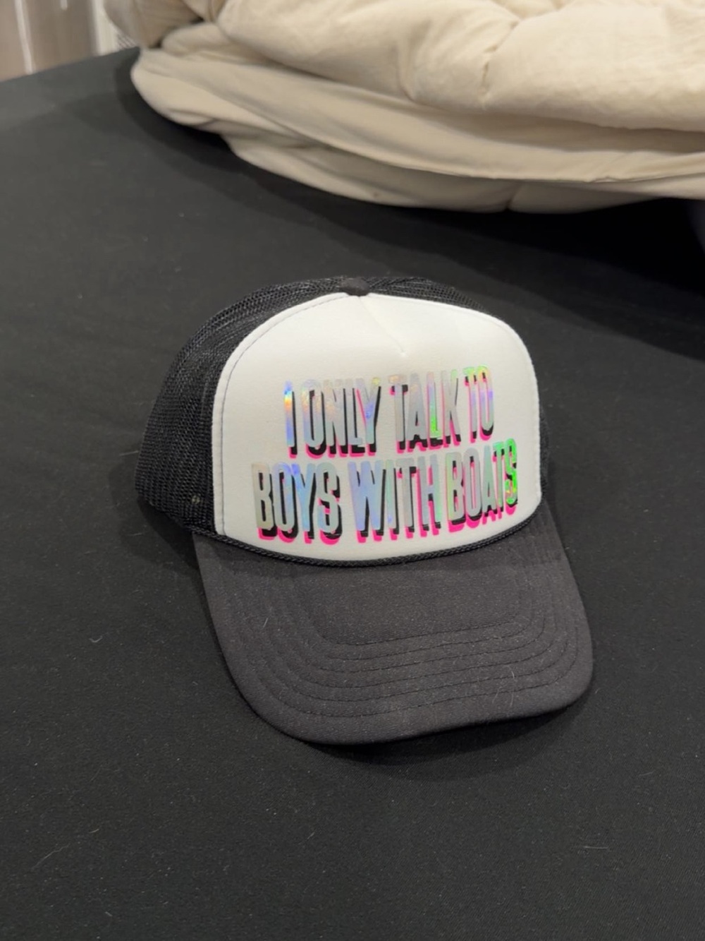 Kids Black and White Trucker Hat with Holographic Text